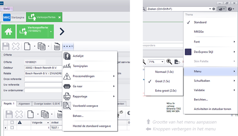 Knoppen verbergen en Menu schalen in MKG